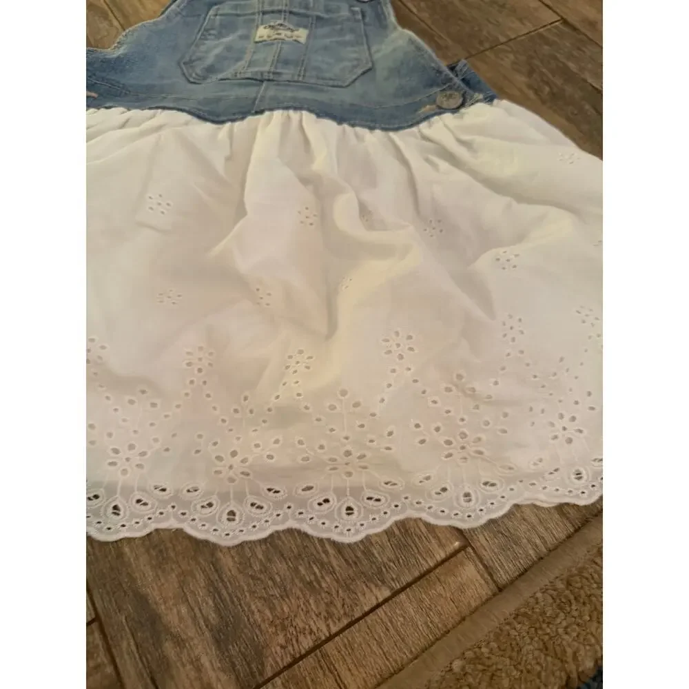 Oshkosh B'gosh Denim Eyelet Jumper Dress Adjustable Straps Blue White Size 3T
